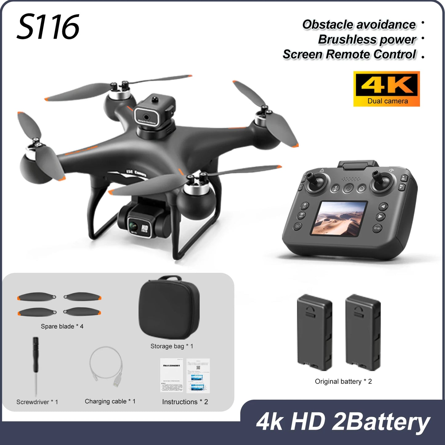 Drone Brushless Motor 2.4 Inch Screen Remote 360° Obstacle Avoidance 4K Electric Dual Camera Optical Flow Hover Real Time Transmission RC Drone