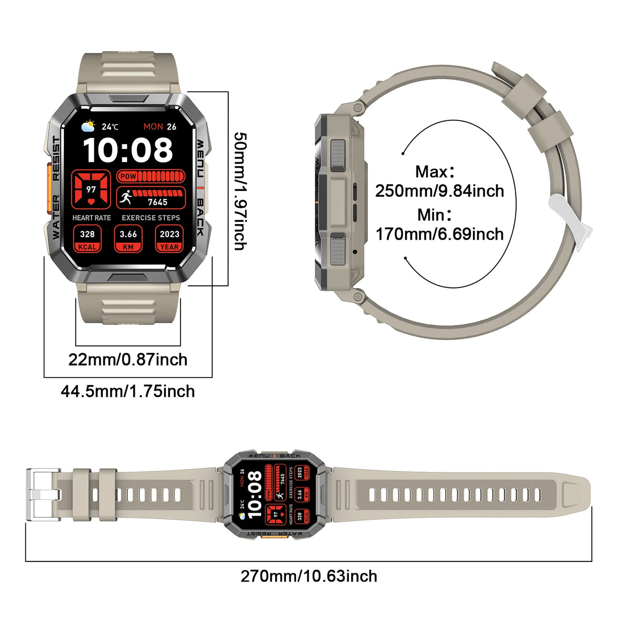 IP68 Waterproof Outdoor Sport Smart Watch with Emergency Lighting 2.01'' Display Bluetooth Women Men Smartwatch for IOS Android