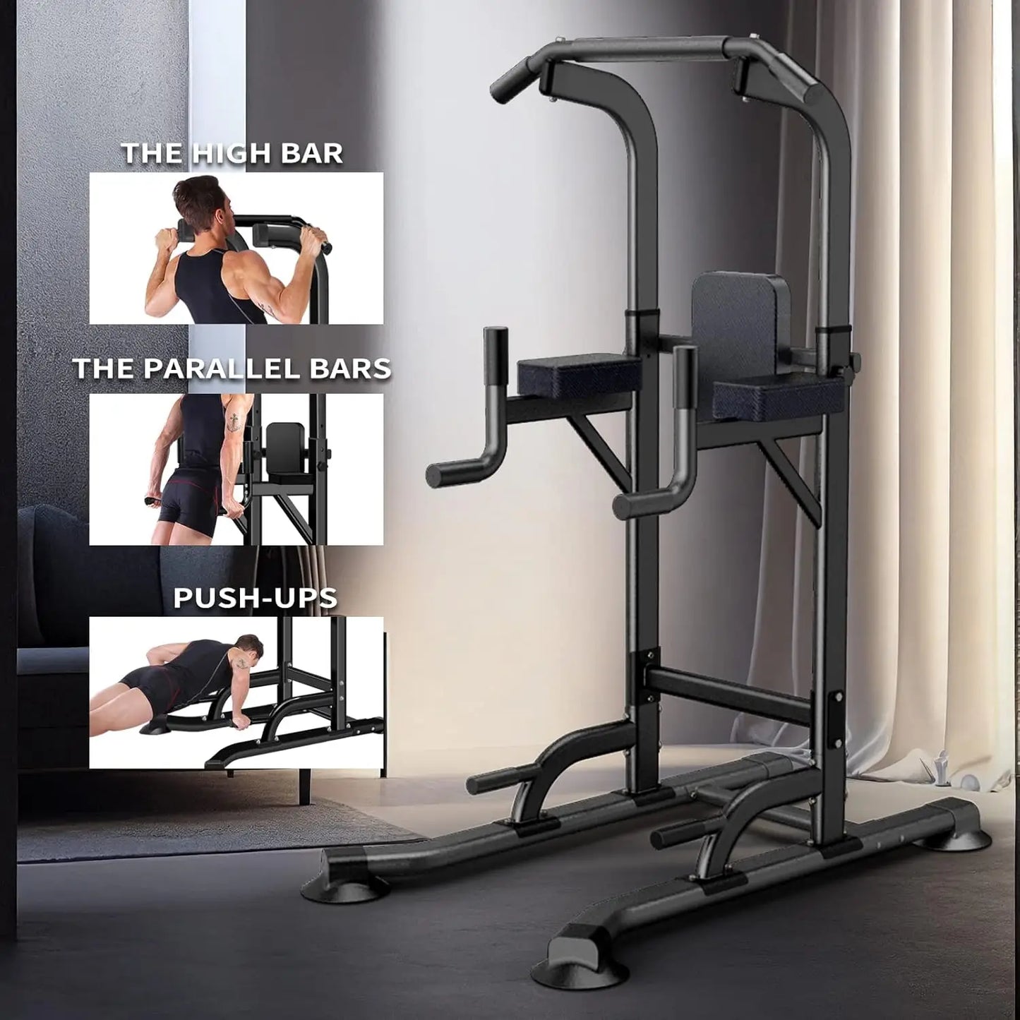Adjustable Height Power Tower for Home Gym: Pull-Up, Dip Station, Multi-Function Strength Training Fitness Equipment