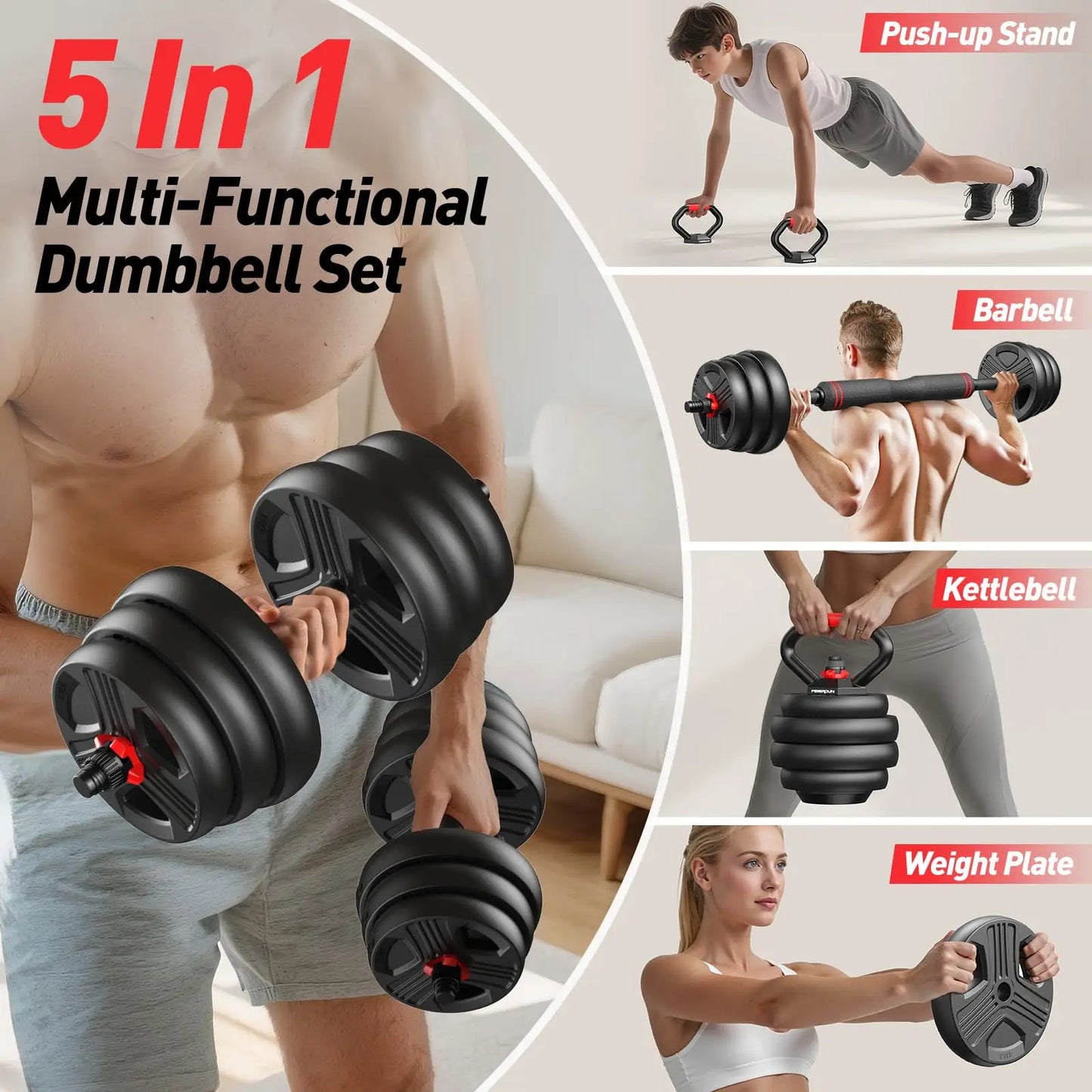FED Fitness 5 In 1 Adjustable Dumbbell Set For Home
