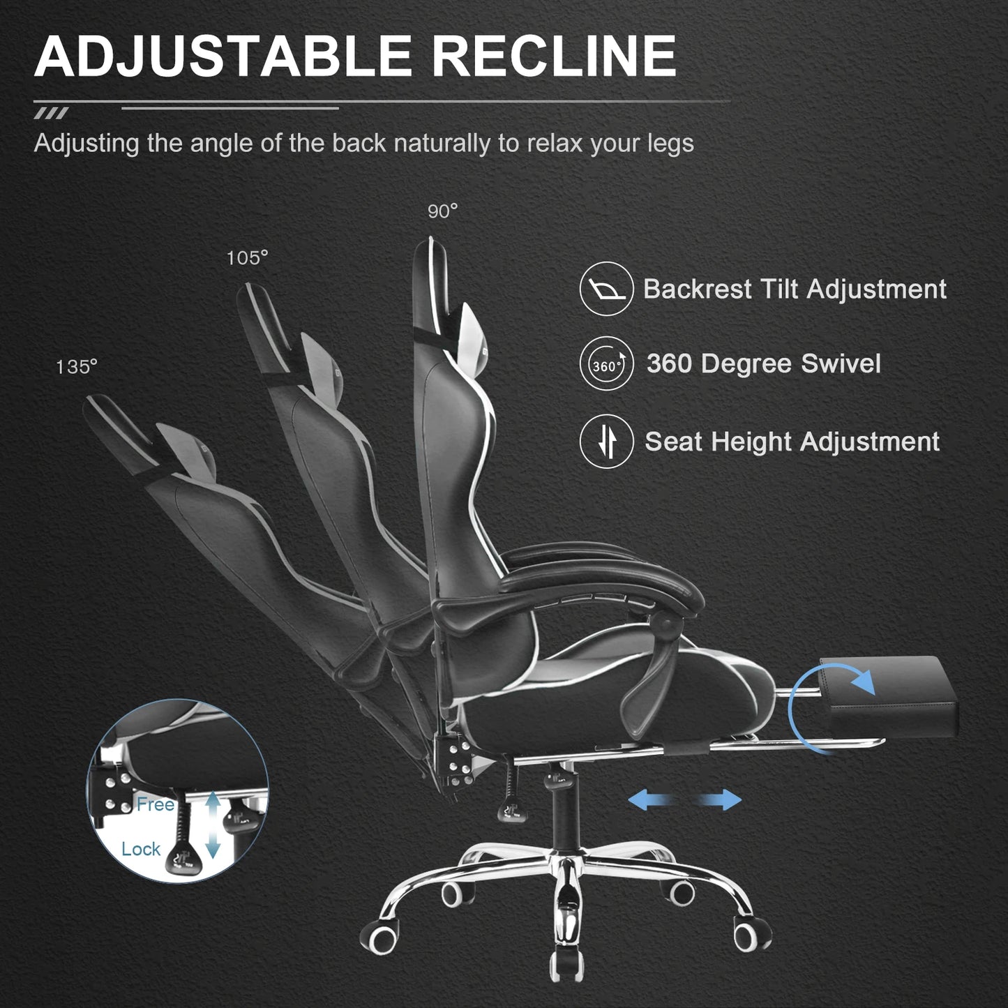 GTPLAYER Gaming Chair With Footrest Adjustable Lumbar Support Headrest