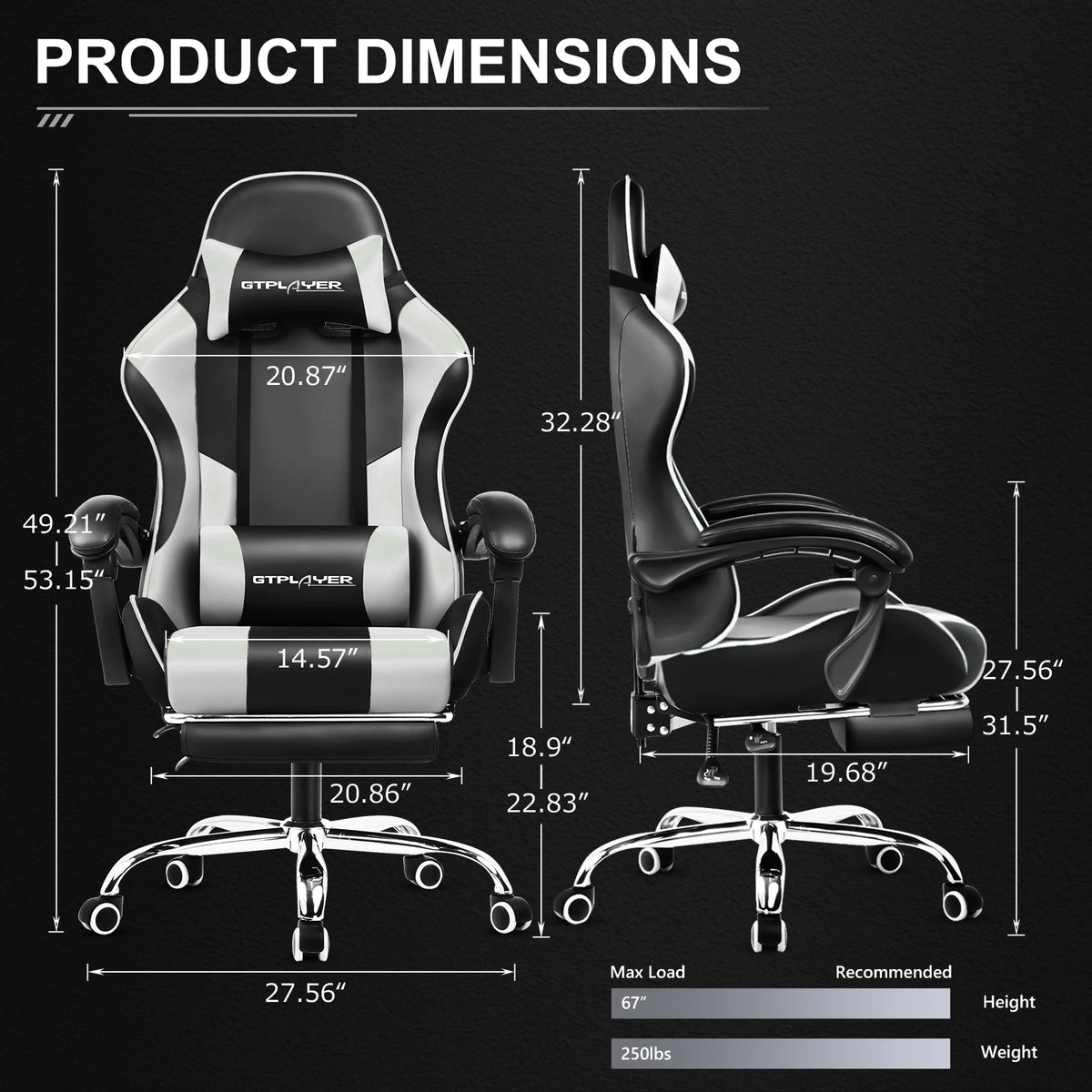 GTPLAYER Gaming Chair With Footrest Adjustable Lumbar Support Headrest