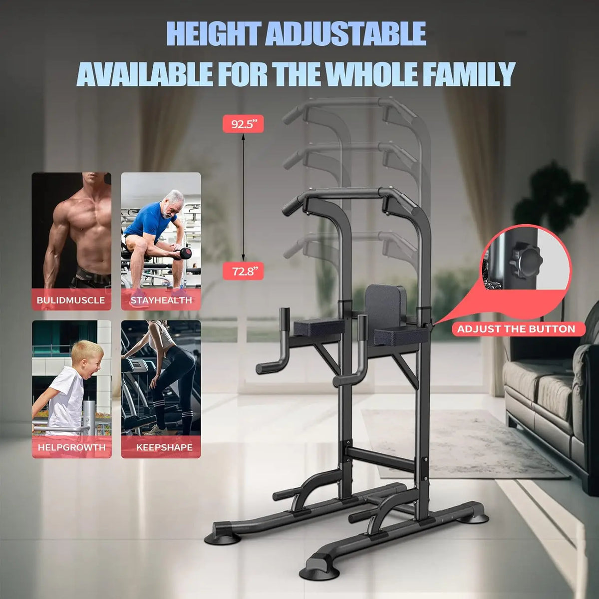 Adjustable Height Power Tower for Home Gym: Pull-Up, Dip Station, Multi-Function Strength Training Fitness Equipment