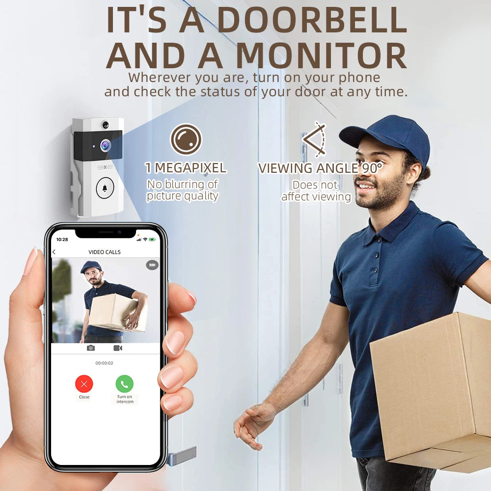Wireless Smart Video Doorbell Camera 1000P 90° Wide Angle PIR Motion Detection Two Way Audio IR Night Vision Free 72H Cloud Storage Voice Change Home Security Doorbell with Indoor Chime