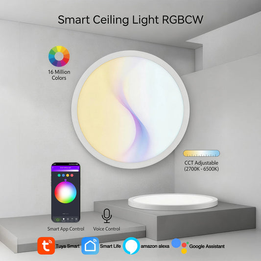 Smart RGB Ceiling Light, 11.8 Inches Ultra-Thin Design, Supports Music Sync, DIY Color Scenes and AI Lighting Modes, 3000K-6500K Dimmable White Light, APP Remote Control & Voice Control, Dimmable LED Flush Mount Ceiling Lamp