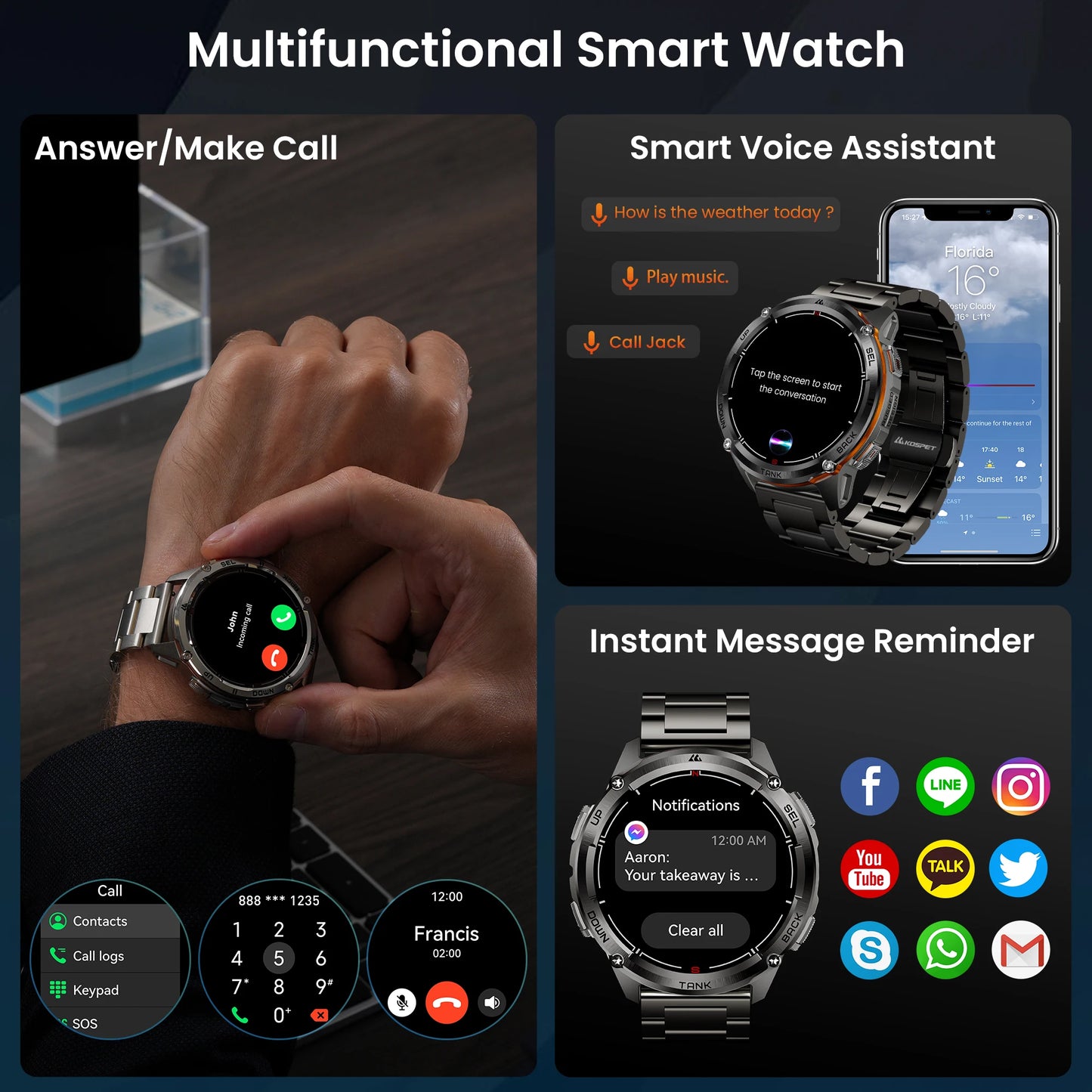 KOSPET TANK T3 Ultra 2 GPS Smart Watches Men Compass Altimeter Barometric 5ATM IP69K Waterproof AMOLED Bluetooth Call Mens Watch