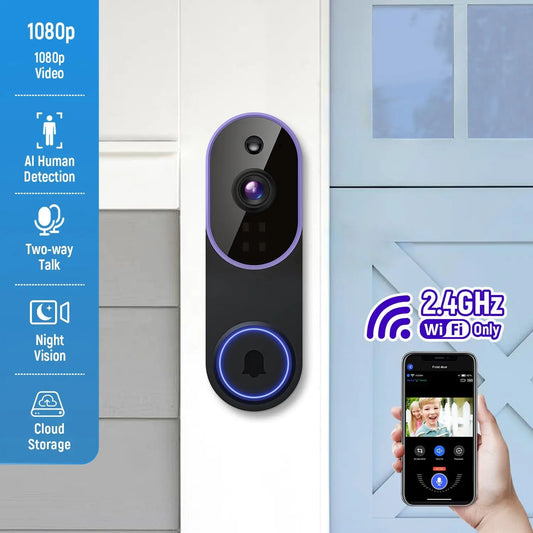 Smart Wireless Video Doorbell Camera AI Human Detection Night Vision Cloud Storage Battery Powered Indoor Outdoor Home Security Surveillance
