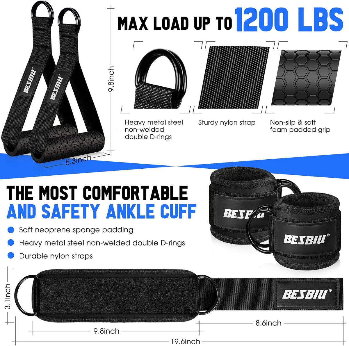 Heavy Resistance Bands Set with Handles, Door Anchor & Ankle Straps - 300lbs Max for Home Gym Strength Training