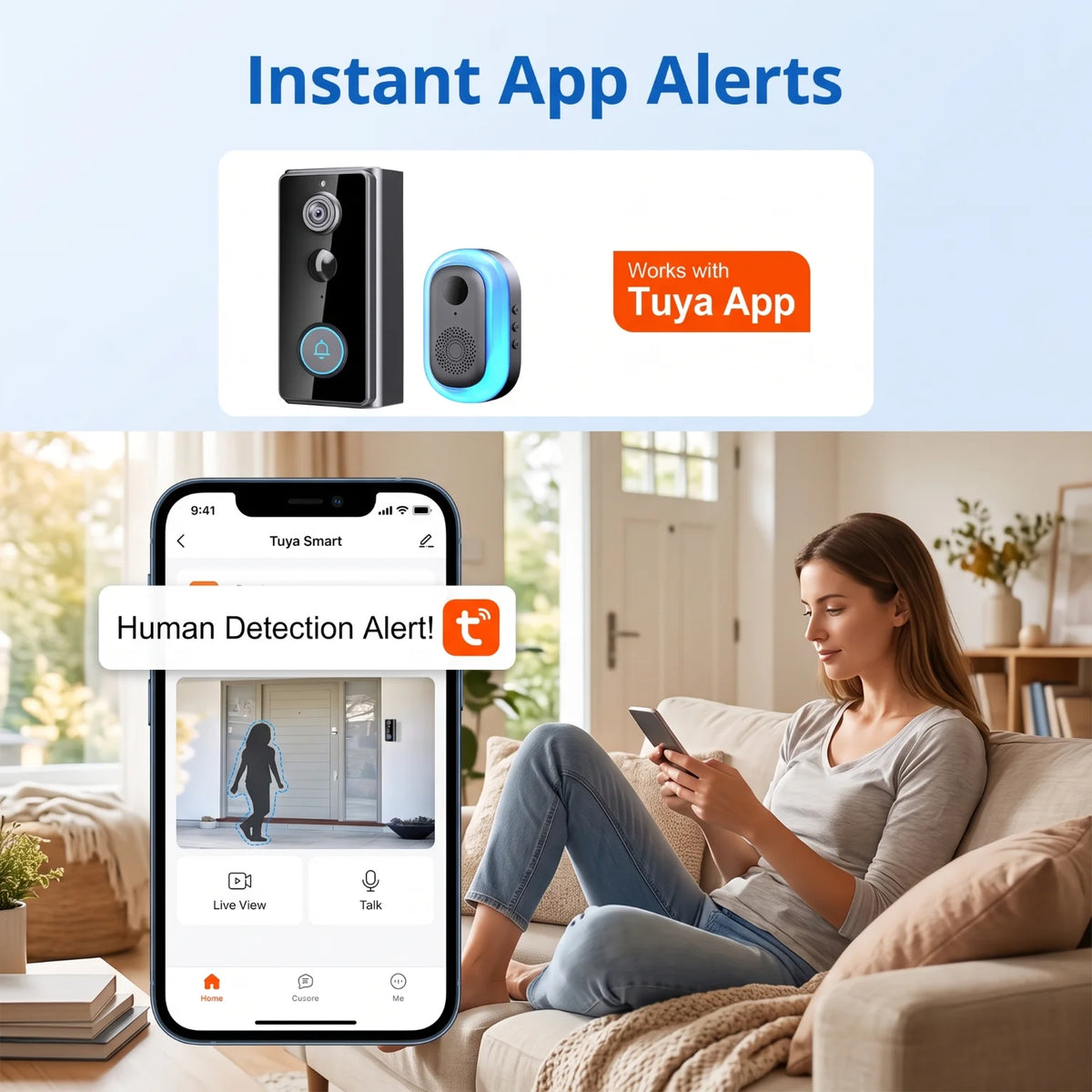 Tuya Smart WiFi Video Doorbell Camera with Indoor Ding Dong Chime 1080P HD PIR Human Detection IR Night Vision Two Way Audio Support 128GB SD Card Free Cloud Storage Home Security Door Bell Camera