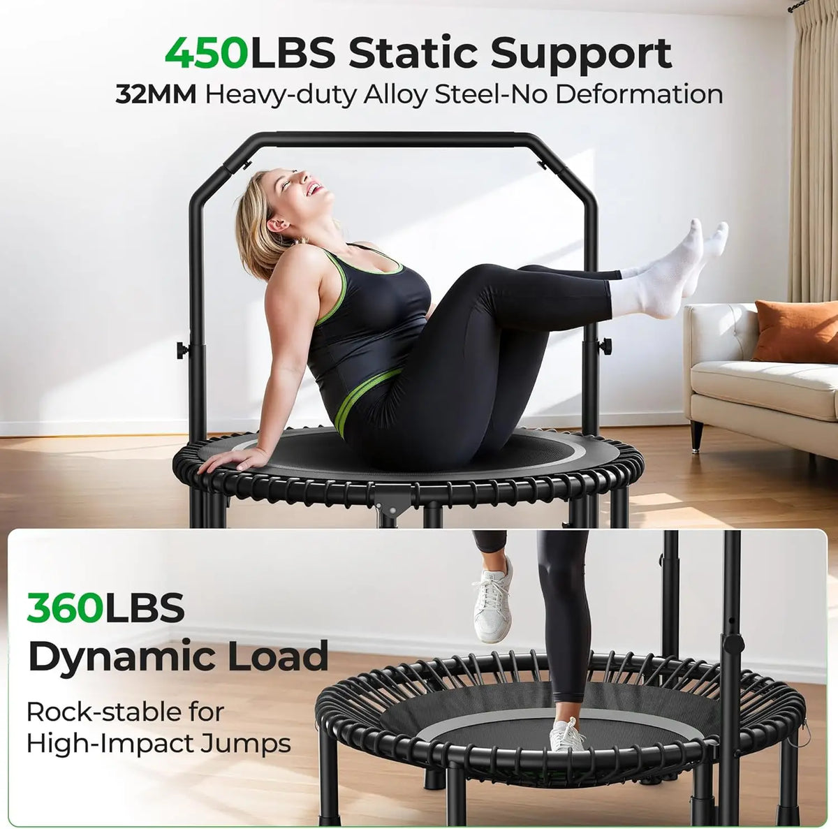 Mini Rebounder Trampoline With Adjustable Handle Full Body Workout