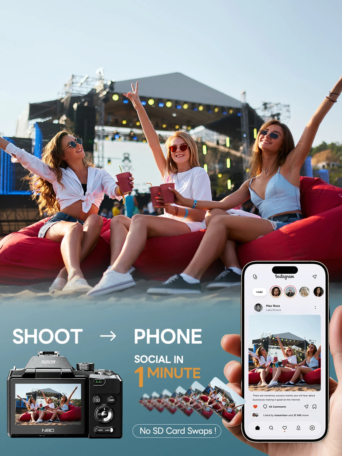 NBD S205E 64MP Professional Digital Camera for Photography 5K Vlogging Camera with 3’’ Flip Screen 16X Digital Zoom 32GB TF Card