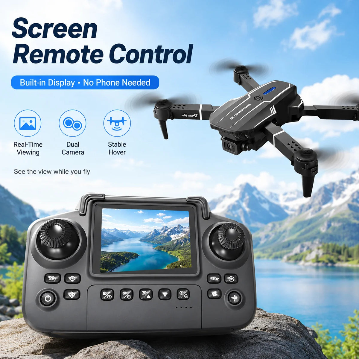 ZNLYRION 2.4Ghz RC Drone with HD Dual Camera Altitude Hold Path Planning Flight 3-Speed Adjustable Foldable Drone Toy