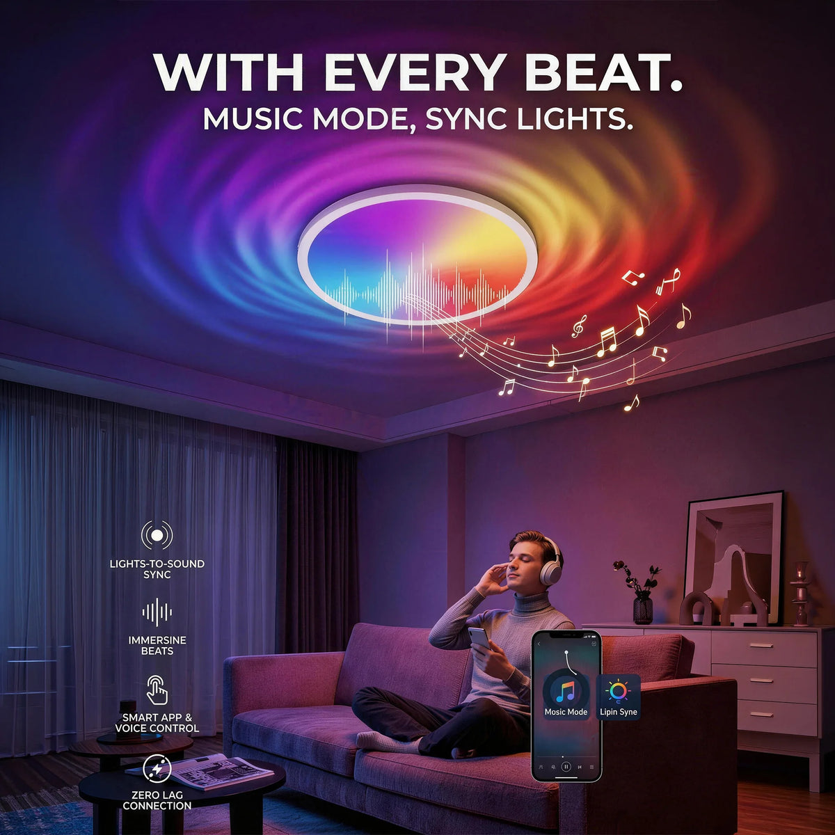 Smart RGB Ceiling Light, 11.8 Inches Ultra-Thin Design, Supports Music Sync, DIY Color Scenes and AI Lighting Modes, 3000K-6500K Dimmable White Light, APP Remote Control & Voice Control, Dimmable LED Flush Mount Ceiling Lamp
