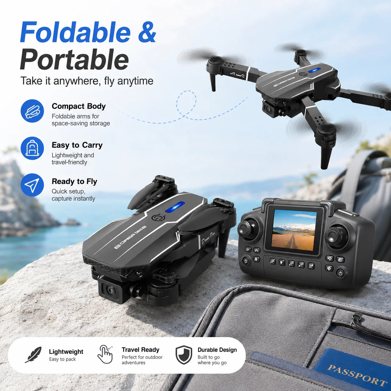 ZNLYRION 2.4Ghz RC Drone with HD Dual Camera Altitude Hold Path Planning Flight 3-Speed Adjustable Foldable Drone Toy