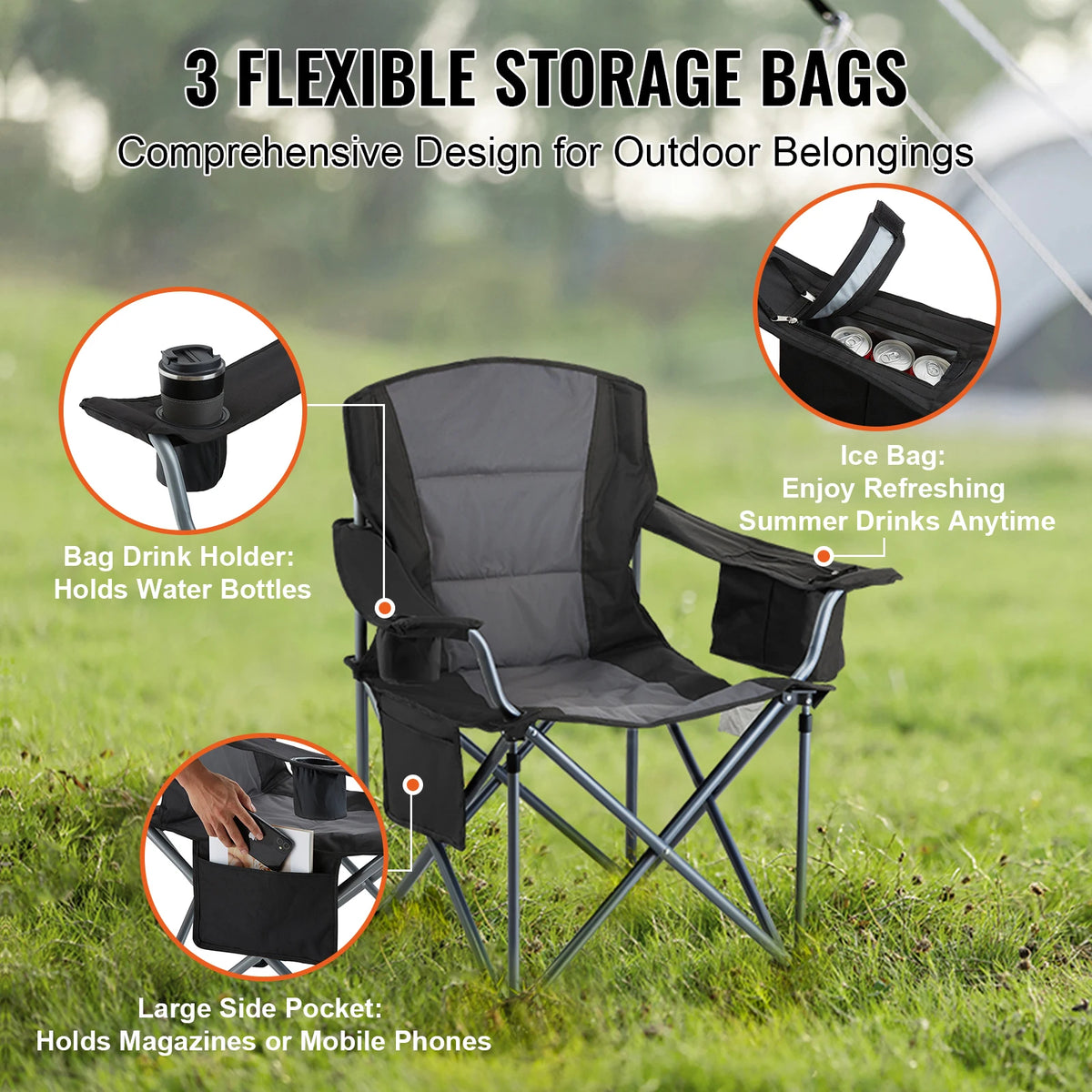 VEVOR Camping Folding Chair With Lumbar Support And Side Pockets