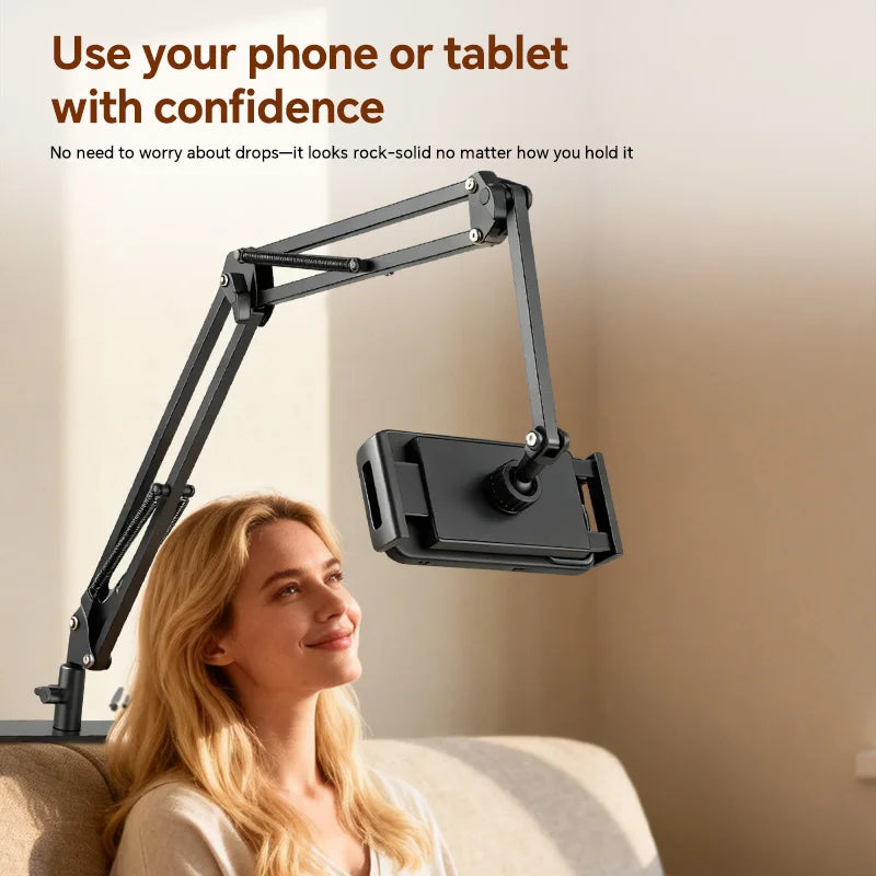Metal Cantilever Stand For Phone & TabletMulti-angle Adjustable For Bedside Streaming, Office Work, Or Online Classes. Instantly Folds Flat To Save Space. Compatible With IPad, IPhone, Modern Design With Durable Construction