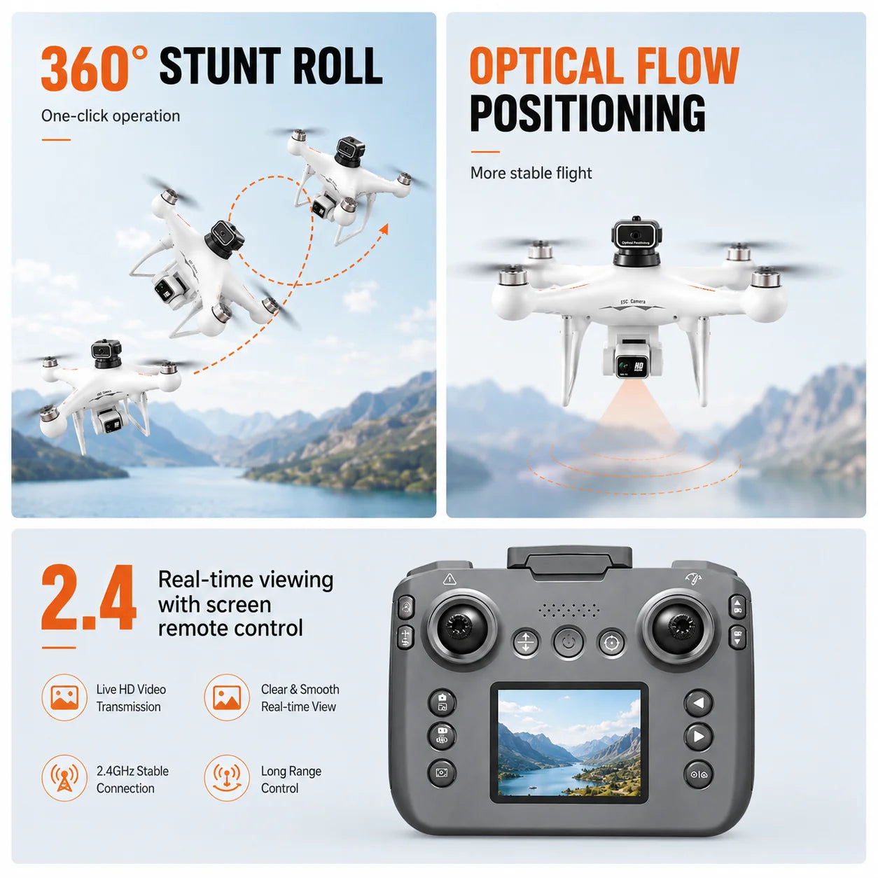 Drone Brushless Motor 2.4 Inch Screen Remote 360° Obstacle Avoidance 4K Electric Dual Camera Optical Flow Hover Real Time Transmission RC Drone