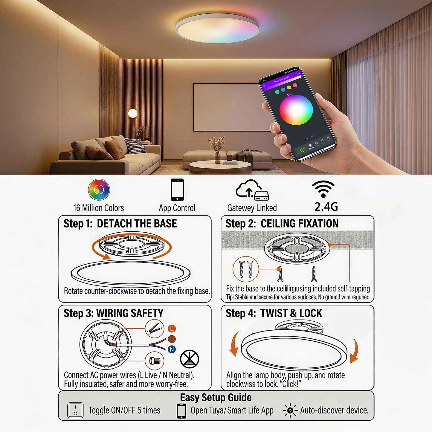Smart RGB Ceiling Light, 11.8 Inches Ultra-Thin Design, Supports Music Sync, DIY Color Scenes and AI Lighting Modes, 3000K-6500K Dimmable White Light, APP Remote Control & Voice Control, Dimmable LED Flush Mount Ceiling Lamp