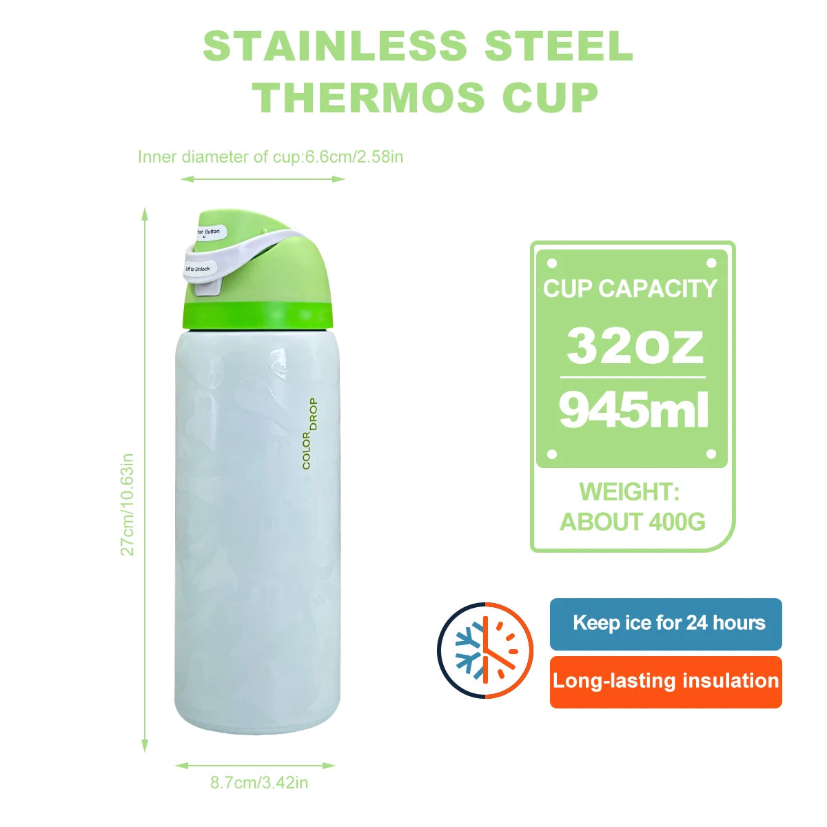 Owalaa nightlight ghost 32oz/945ml stainless steel insulated water bottle with straw,for daily sports outdoor,perfect gift