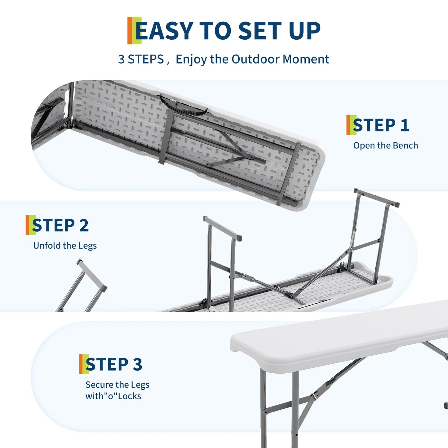 Portable Folding Bench 6 Foot, Plastic Foldable Bench HDPE BenchTop with Carrying Handle for Outdoor Picnic Camping Party Sports