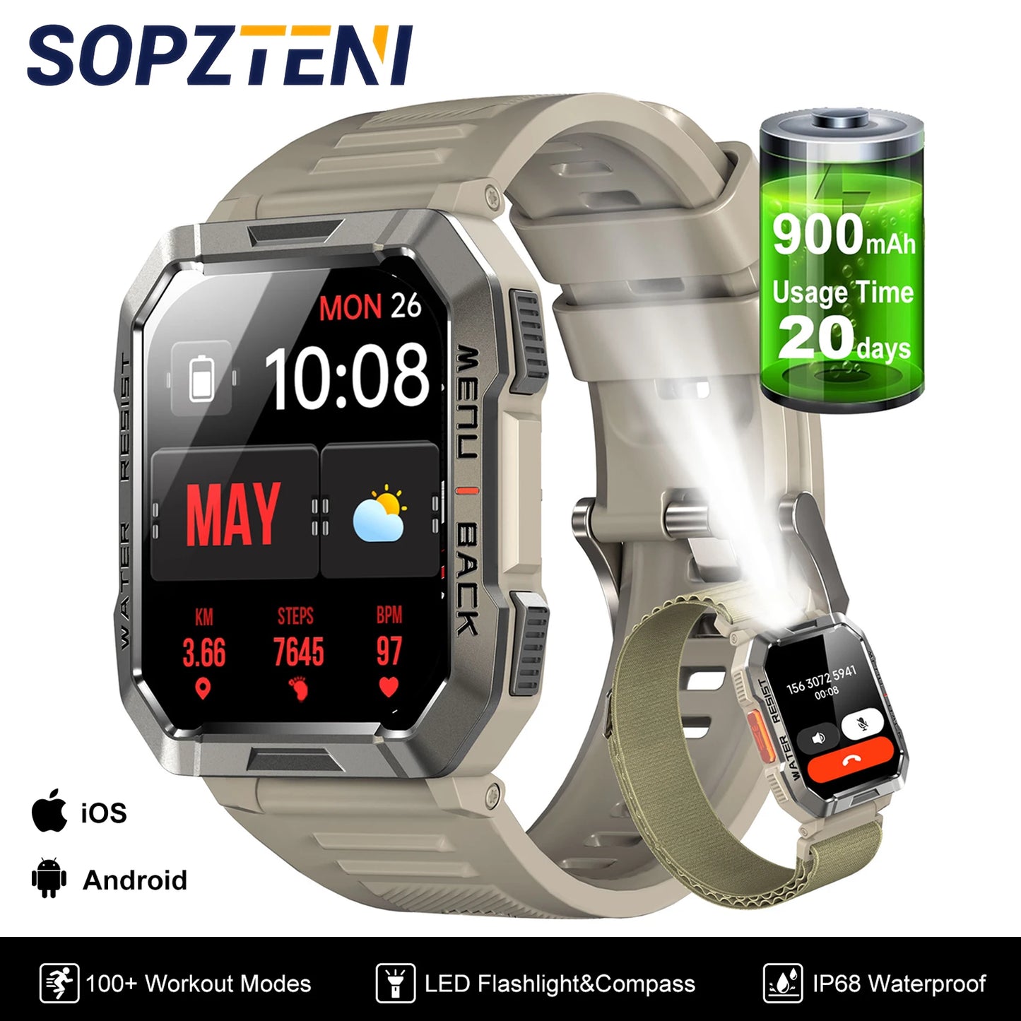 IP68 Waterproof Outdoor Sport Smart Watch with Emergency Lighting 2.01'' Display Bluetooth Women Men Smartwatch for IOS Android