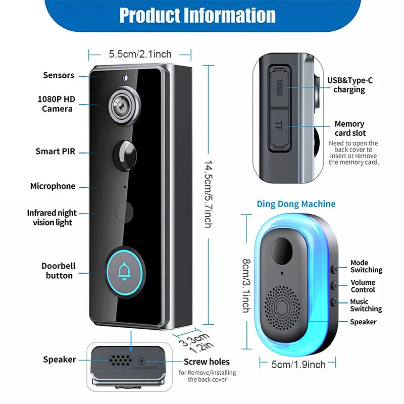 Tuya Smart WiFi Video Doorbell Camera with Indoor Ding Dong Chime 1080P HD PIR Human Detection IR Night Vision Two Way Audio Support 128GB SD Card Free Cloud Storage Home Security Door Bell Camera