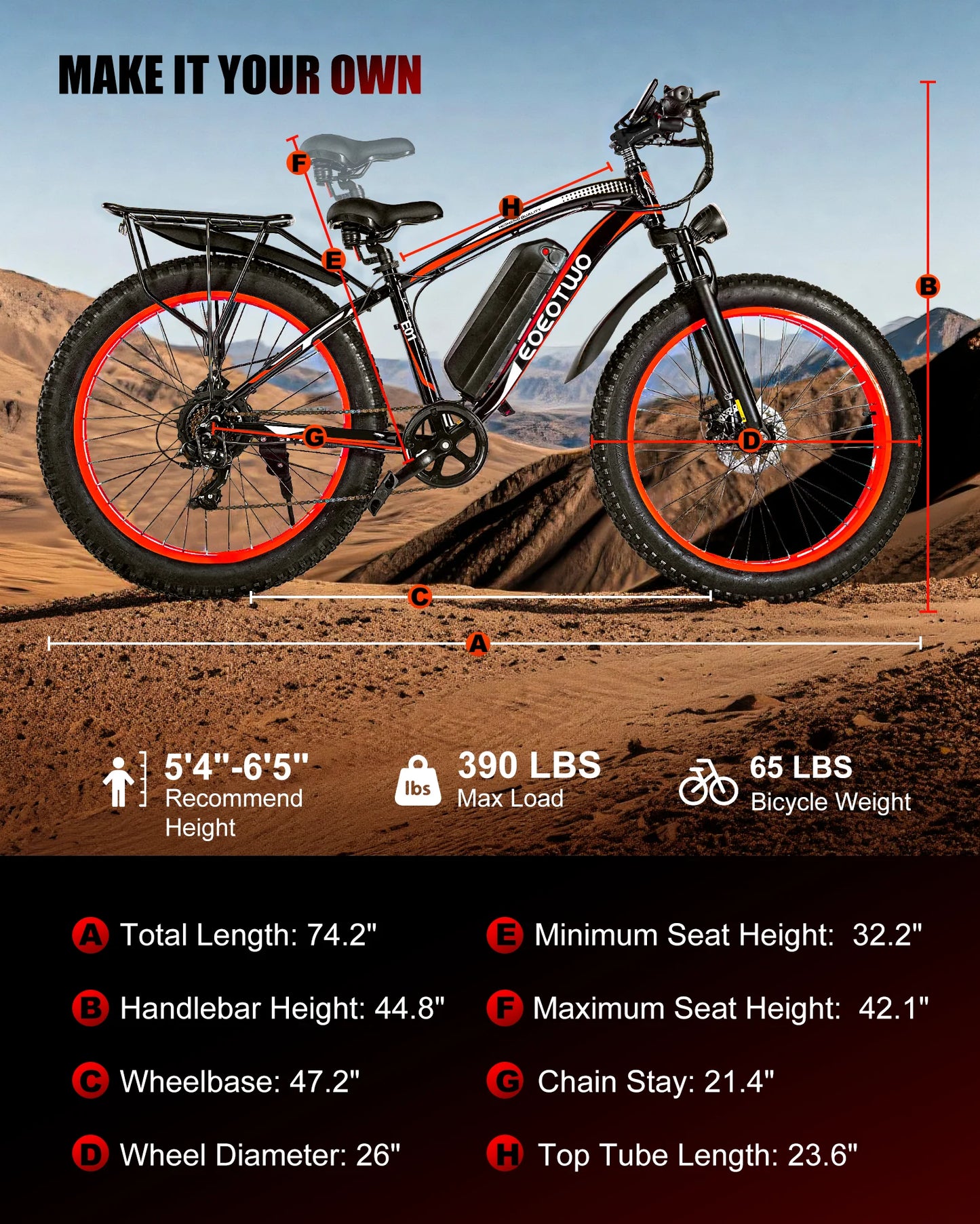 EOEOTWO 1500W Fat Tire Ebike 34MPH 48V 15Ah Mountain Bike