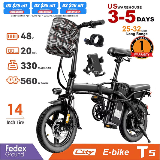 Terrosor Folding Electric Bike 20 MPH 560W 48V Battery Warranty