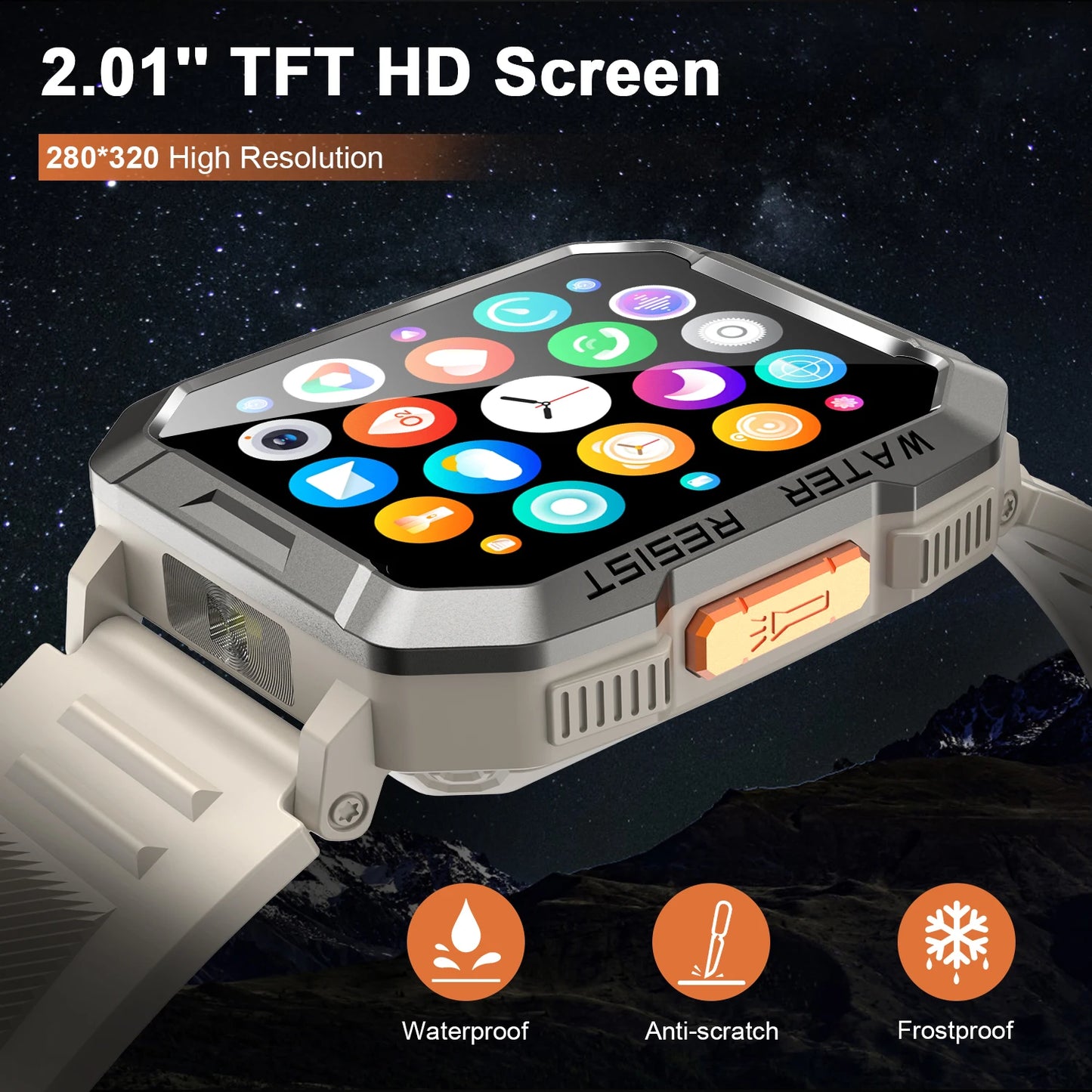 IP68 Waterproof Outdoor Sport Smart Watch with Emergency Lighting 2.01'' Display Bluetooth Women Men Smartwatch for IOS Android