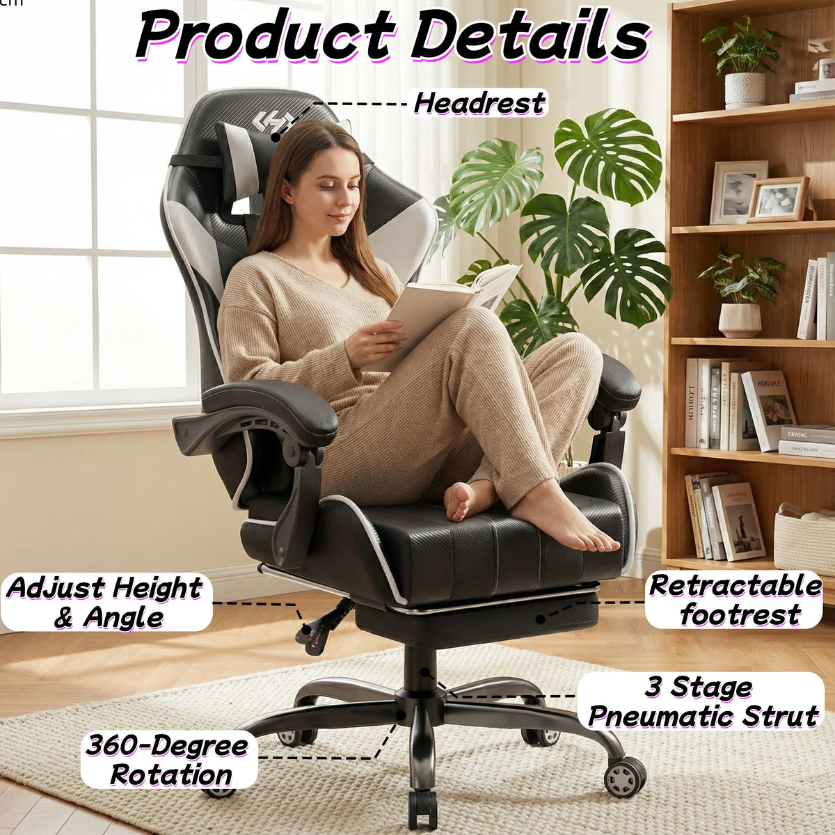 FRODROVIA Ergonomic Gaming Chair With Lumbar Massage And Retractable Footrest
