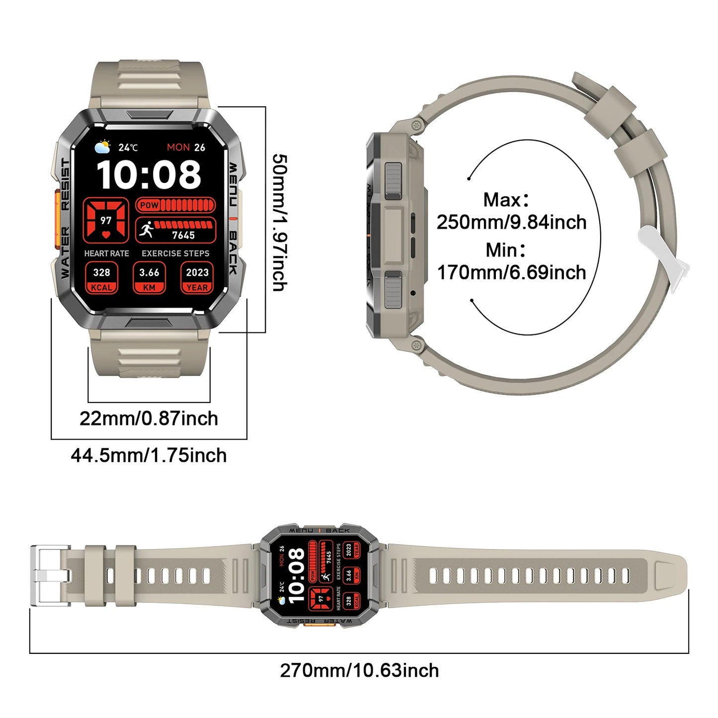 IP68 Waterproof Outdoor Sport Smart Watch with Emergency Lighting 2.01'' Display Bluetooth Women Men Smartwatch for IOS Android