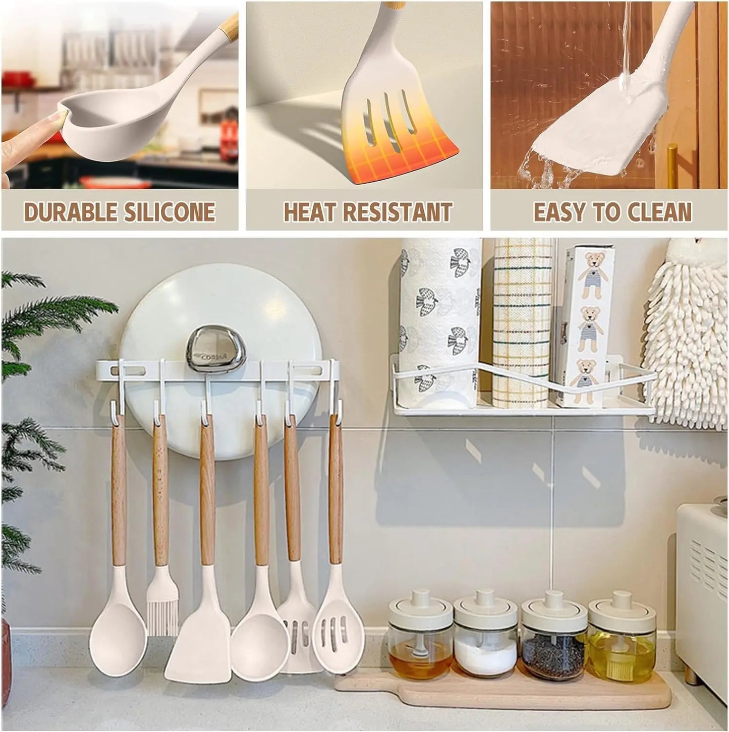 33 Pcs Non-Stick Silicone Kitchen Utensils Set With Wooden Handle