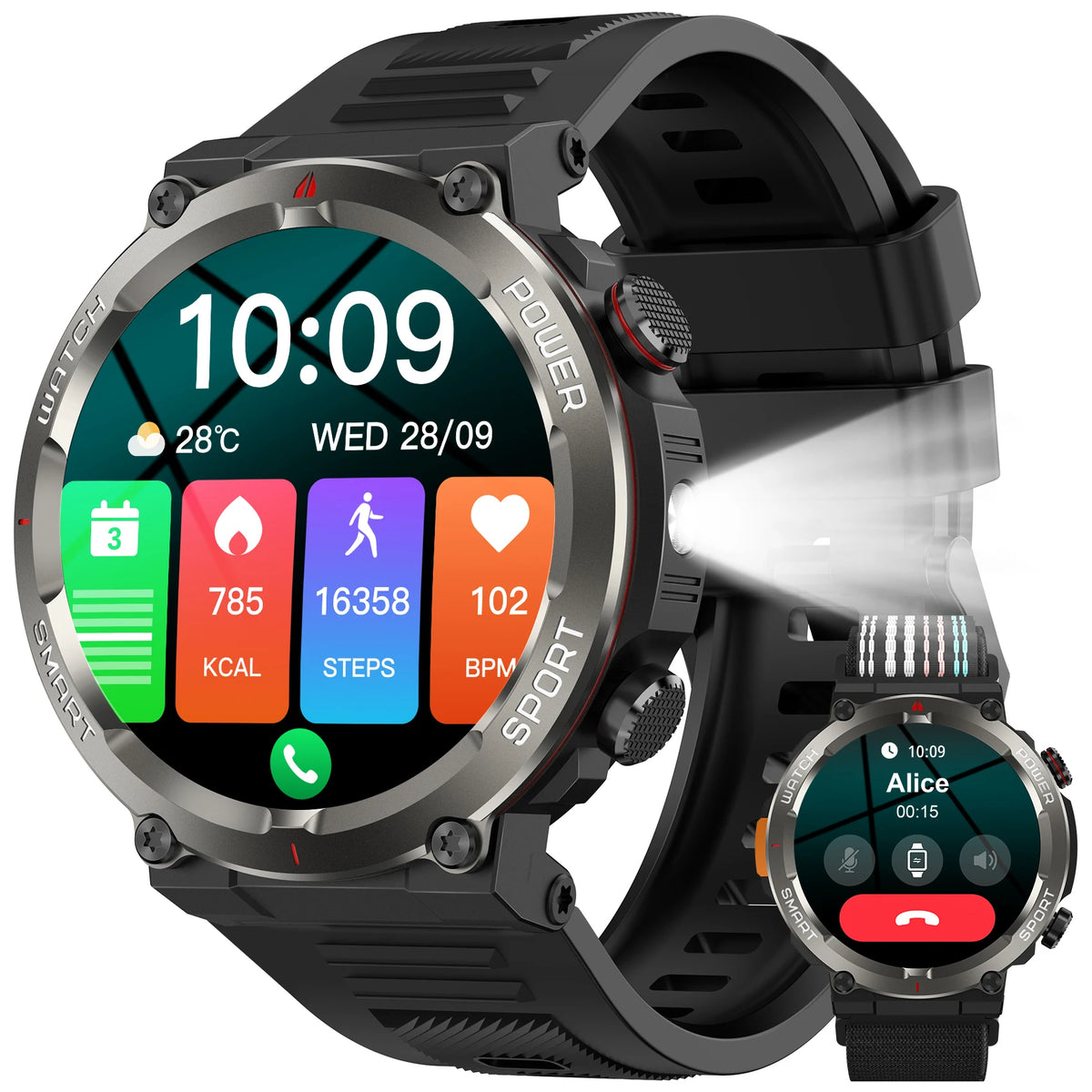 SOPZTENI W50 Pro Outdoor Smart Watch with Flashlight 960mAh Large Battery Life Bluetooth Call Sport Watches for Man Woman Gifts