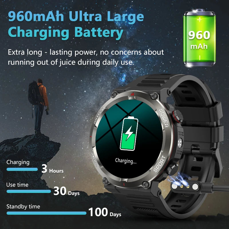 SOPZTENI W50 Pro Outdoor Smart Watch with Flashlight 960mAh Large Battery Life Bluetooth Call Sport Watches for Man Woman Gifts