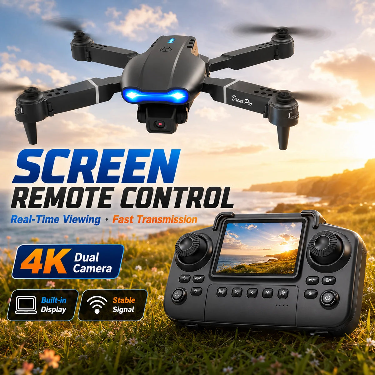 ZNLYRION RC Drone with Screen Remote Control 4K Dual Camera Optical Flow Positioning Obstacle Avoidance Foldable FPV WIFI APP Control One Key Return 360° Flip Quadcopter Toy for Beginners