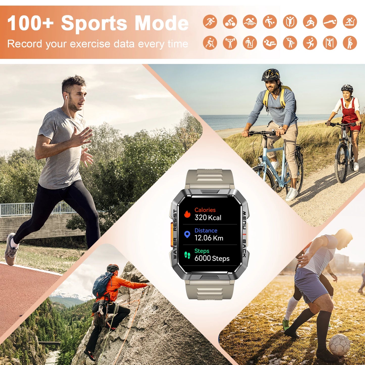 IP68 Waterproof Outdoor Sport Smart Watch with Emergency Lighting 2.01'' Display Bluetooth Women Men Smartwatch for IOS Android