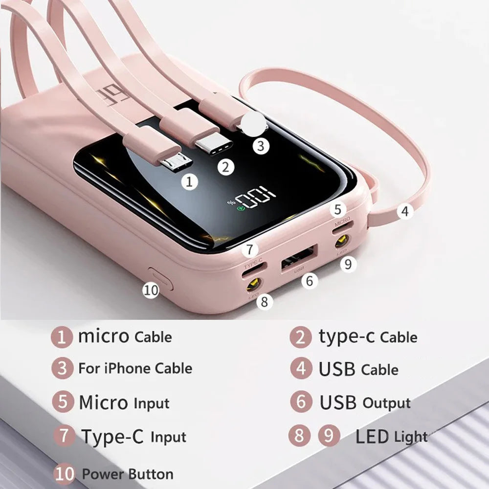 10000mAh Power Bank, Portable Charger Built-in 4 Cables and Flashlight, PD22.5W Fast Charge USB C Battery Pack Compatible with Smartphones, Camping Travel Essentials