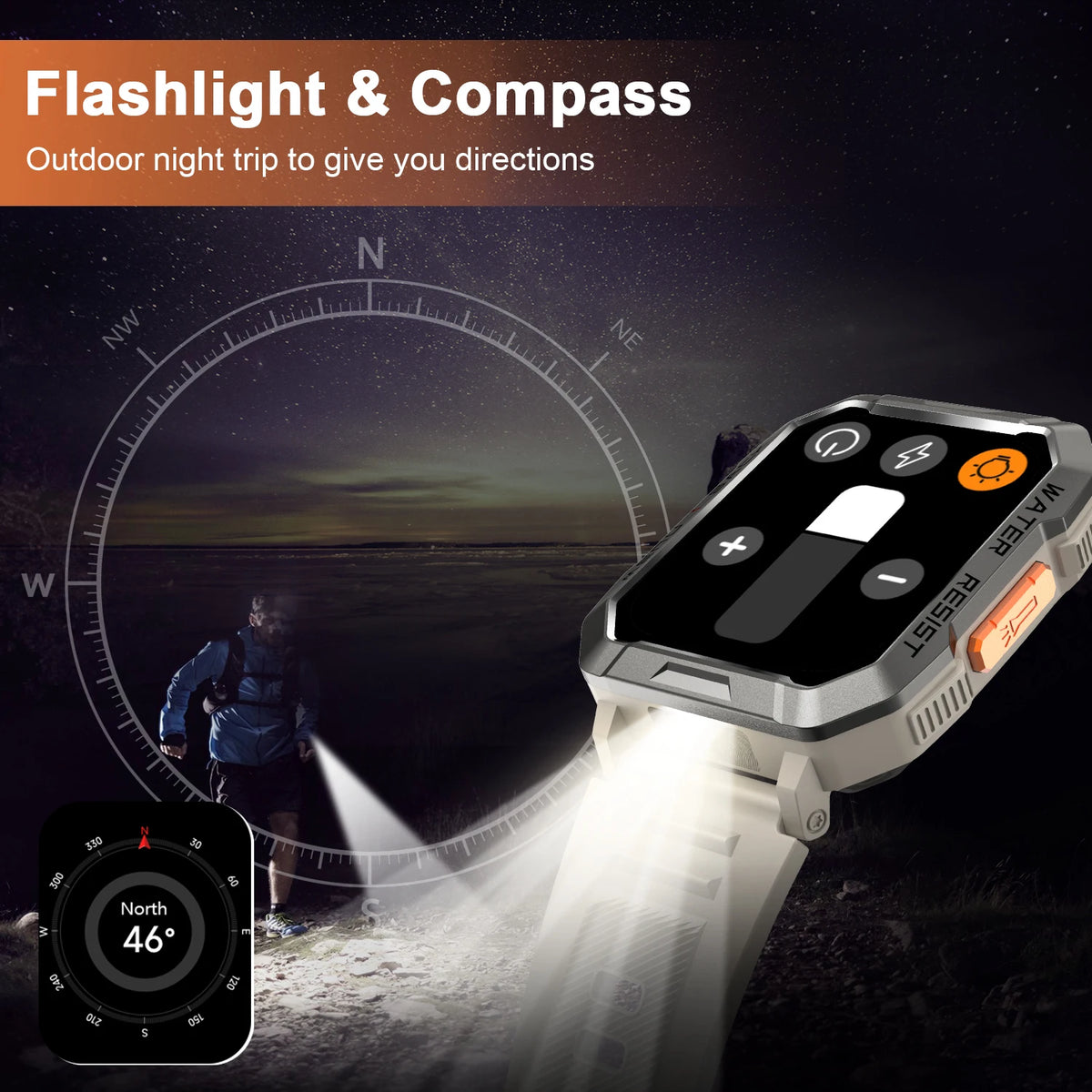 IP68 Waterproof Outdoor Sport Smart Watch with Emergency Lighting 2.01'' Display Bluetooth Women Men Smartwatch for IOS Android
