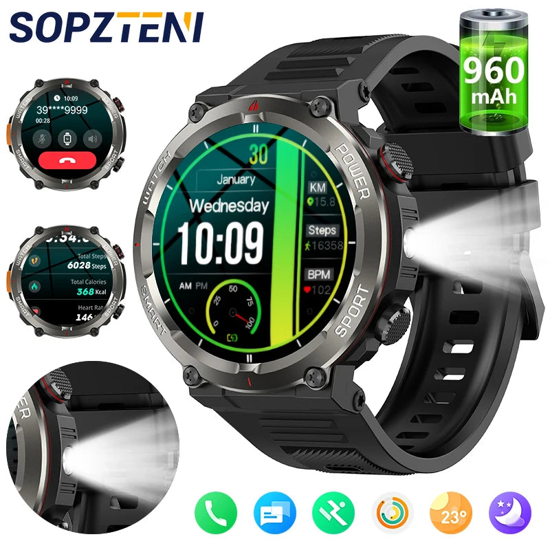 SOPZTENI W50 Pro Outdoor Smart Watch with Flashlight 960mAh Large Battery Life Bluetooth Call Sport Watches for Man Woman Gifts