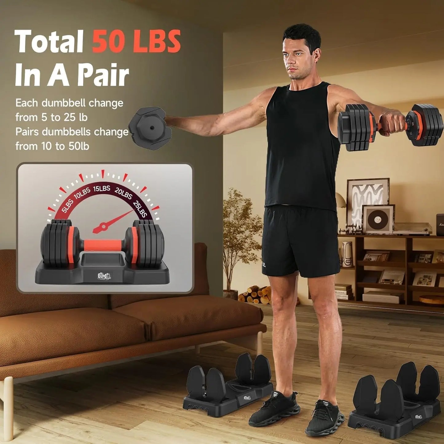 FED Fitness Adjustable Dumbbells Set 5Lb To 25Lb Pair