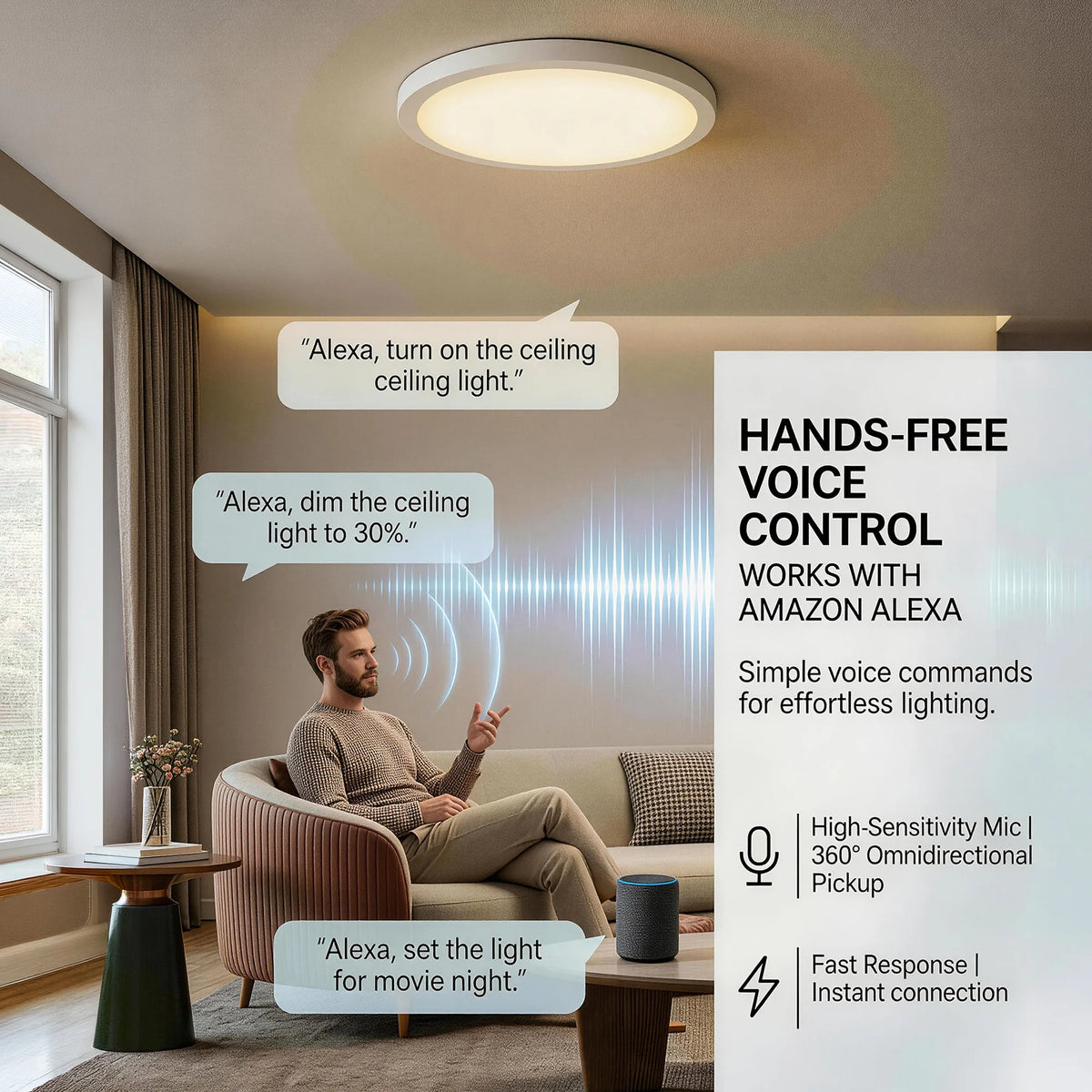 Smart RGB Ceiling Light, 11.8 Inches Ultra-Thin Design, Supports Music Sync, DIY Color Scenes and AI Lighting Modes, 3000K-6500K Dimmable White Light, APP Remote Control & Voice Control, Dimmable LED Flush Mount Ceiling Lamp