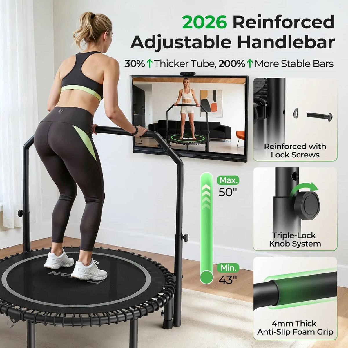 Mini Rebounder Trampoline With Adjustable Handle Full Body Workout