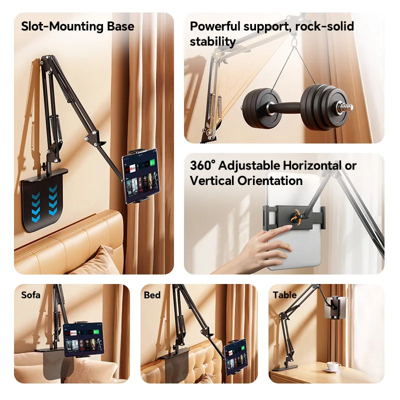 Metal Cantilever Stand For Phone & TabletMulti-angle Adjustable For Bedside Streaming, Office Work, Or Online Classes. Instantly Folds Flat To Save Space. Compatible With IPad, IPhone, Modern Design With Durable Construction