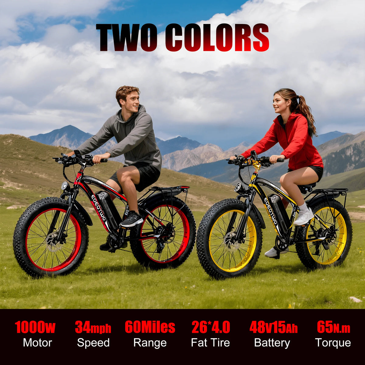 EOEOTWO 1500W Fat Tire Ebike 34MPH 48V 15Ah Mountain Bike