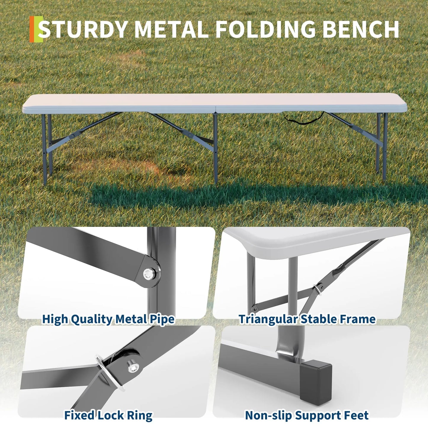 Portable Folding Bench 6 Foot, Plastic Foldable Bench HDPE BenchTop with Carrying Handle for Outdoor Picnic Camping Party Sports