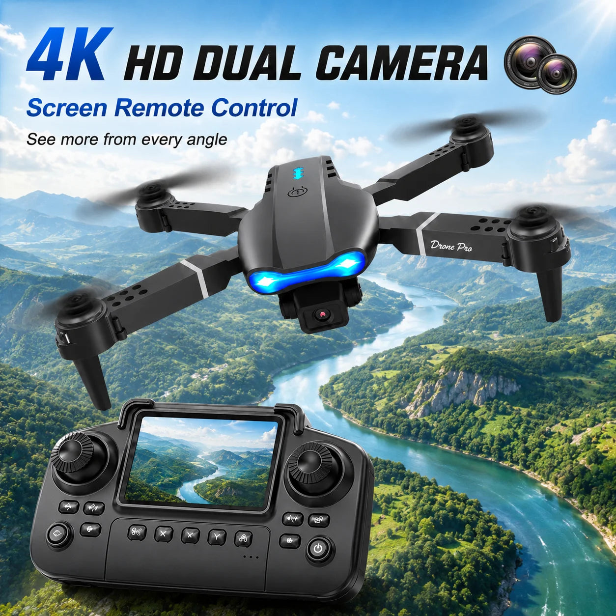 ZNLYRION RC Drone with Screen Remote Control 4K Dual Camera Optical Flow Positioning Obstacle Avoidance Foldable FPV WIFI APP Control One Key Return 360° Flip Quadcopter Toy for Beginners