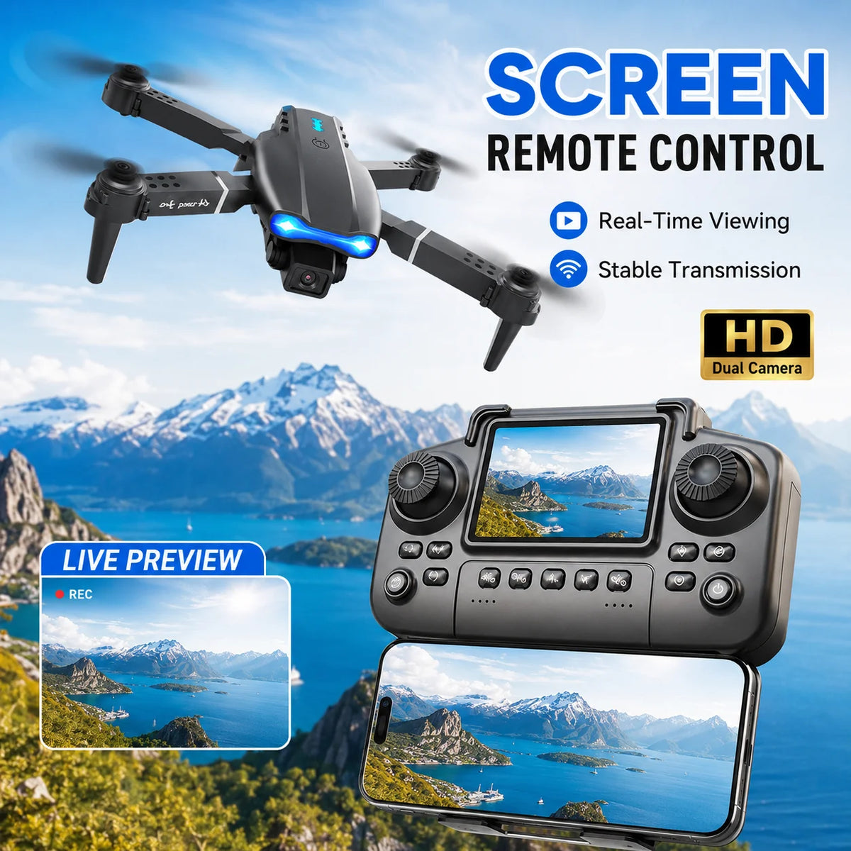 ZNLYRION RC Drone with Screen Remote Control 4K Dual Camera Optical Flow Positioning Obstacle Avoidance Foldable FPV WIFI APP Control One Key Return 360° Flip Quadcopter Toy for Beginners