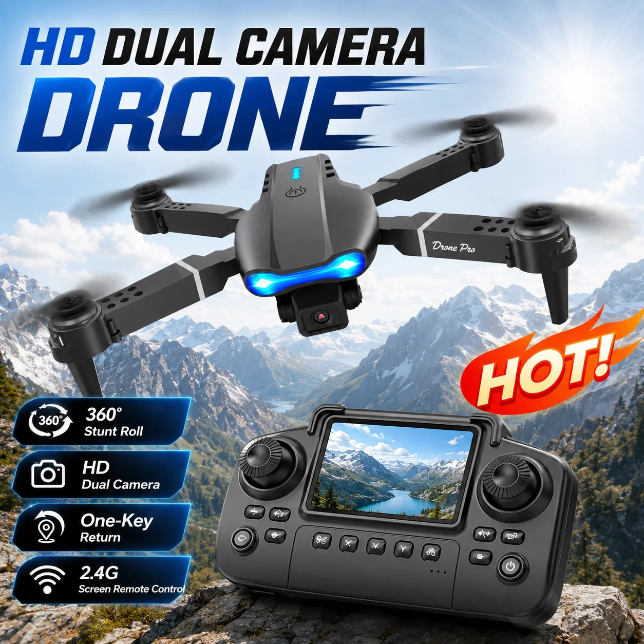 ZNLYRION RC Drone with Screen Remote Control 4K Dual Camera Optical Flow Positioning Obstacle Avoidance Foldable FPV WIFI APP Control One Key Return 360° Flip Quadcopter Toy for Beginners