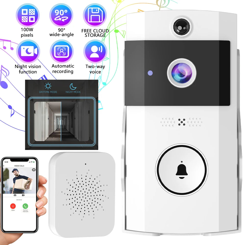 Wireless Smart Video Doorbell Camera 1000P 90° Wide Angle PIR Motion Detection Two Way Audio IR Night Vision Free 72H Cloud Storage Voice Change Home Security Doorbell with Indoor Chime