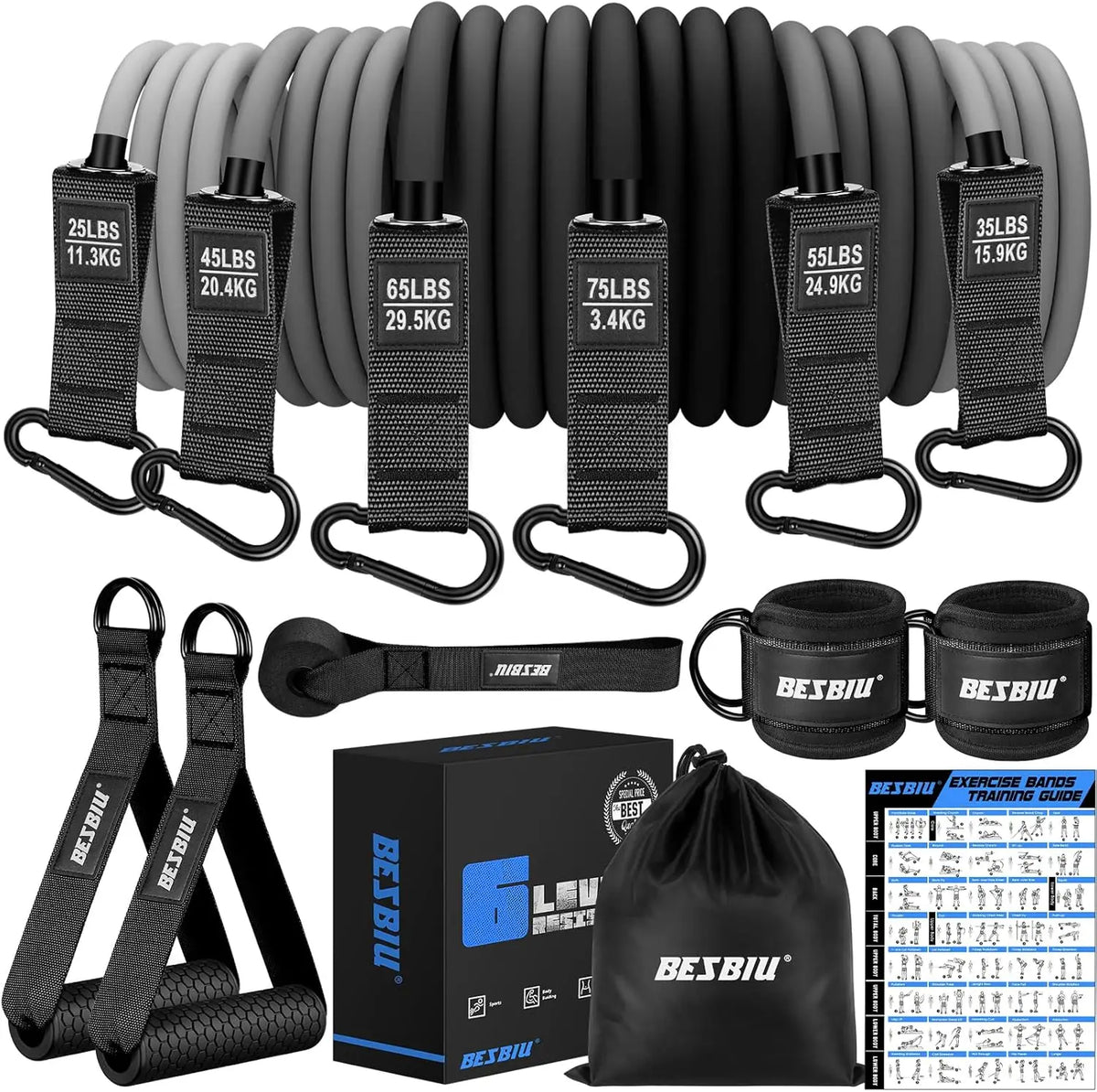 Heavy Resistance Bands Set with Handles, Door Anchor & Ankle Straps - 300lbs Max for Home Gym Strength Training